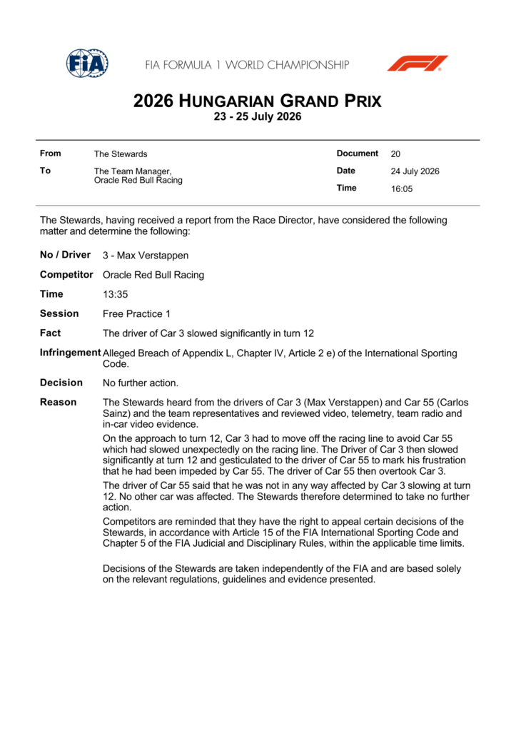 FIA stewards document — Doc 20 - Decision - Car 3 - Alleged erratic driving in Turn 12 — Hungarian Grand Prix 2026