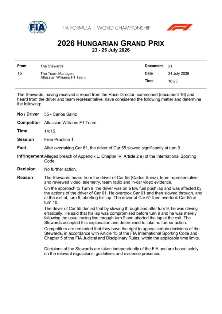 FIA stewards document — Doc 21 - Decision - Car 55 - Alleged erratic driving in Turn 9 — Hungarian Grand Prix 2026