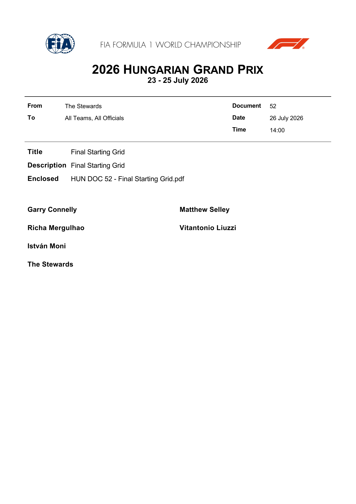 FIA stewards document — Doc 52 - Final Starting Grid — Hungarian Grand Prix 2026