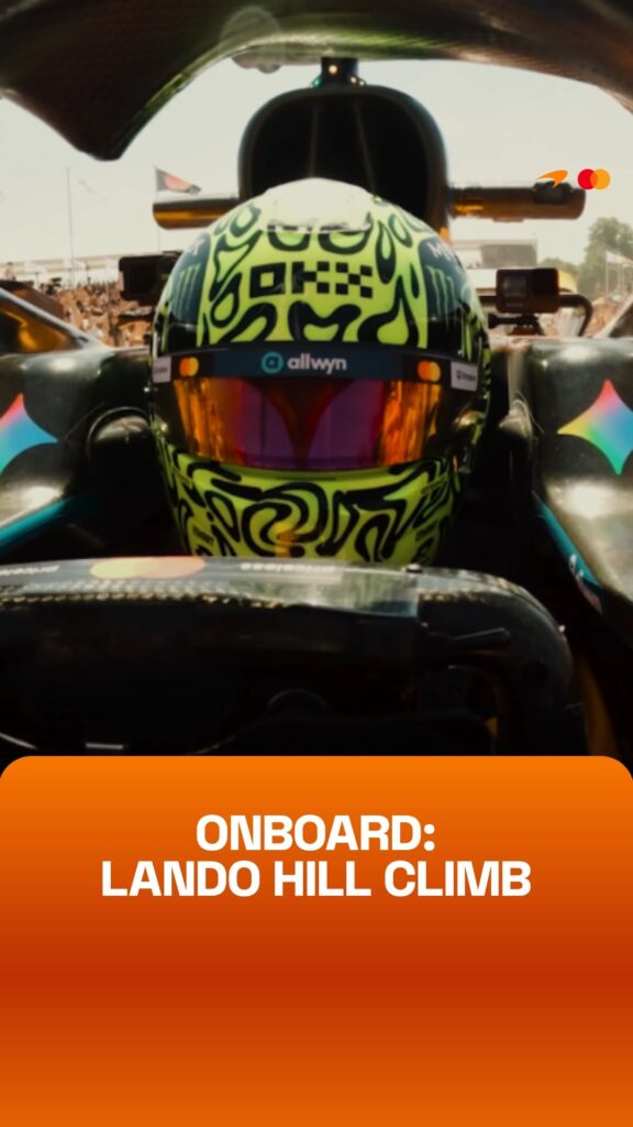Video by McLaren Mastercard Formula 1 Team 🧡 on July 13, 2026. May be an image of ‎racing vehicles, buggy, helmet and ‎text that says '‎الرسسه イロドニ allwyn ONBOARD: LANDO HILL CLIMB‎'‎‎.