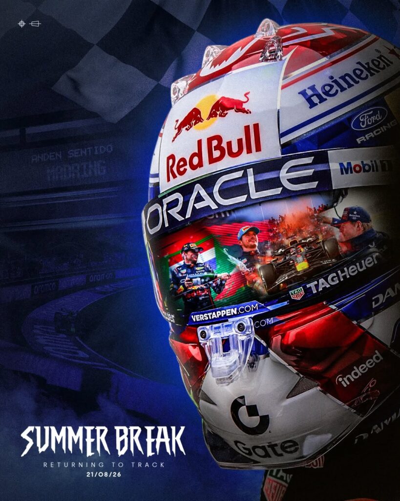 Photo by Oracle Red Bull Racing on July 29, 2026. May be an image of racing vehicles, glasses, helmet and text that says '串母 ΑΗς ា ፈህራያ Hein RedBull PRACLE™ Red หกร ન MCA 九せみ VERSTAPPEN.COM COM- VERSTAPPE OM SUMMER BREAK RETURNING RETURNINGTOTRACK G TO TRACK 21/08/26'.