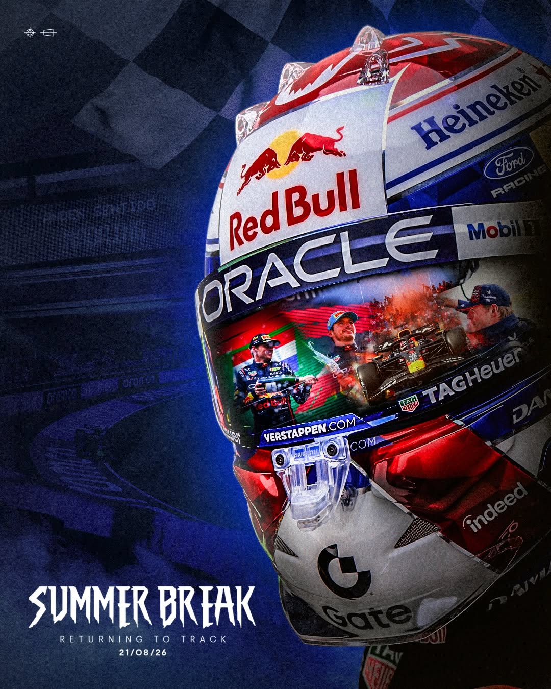 Photo by Oracle Red Bull Racing on July 29, 2026. May be an image of racing vehicles, glasses, helmet and text that says '串母 ΑΗς ា ፈህራያ Hein RedBull PRACLE™ Red หกร ન MCA 九せみ VERSTAPPEN.COM COM- VERSTAPPE OM SUMMER BREAK RETURNING RETURNINGTOTRACK G TO TRACK 21/08/26'.
