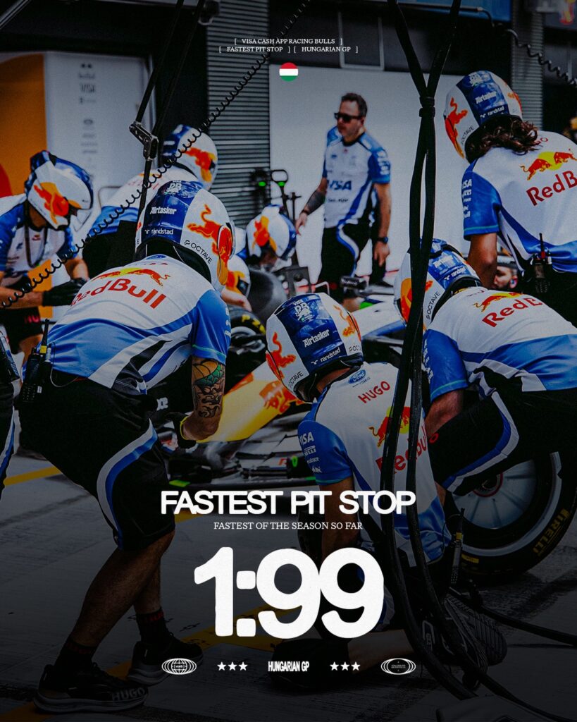 Photo by Visa Cash App Racing Bulls F1 Team on July 27, 2026. May be an image of racing vehicles, bicycle, tire, helmet and text.