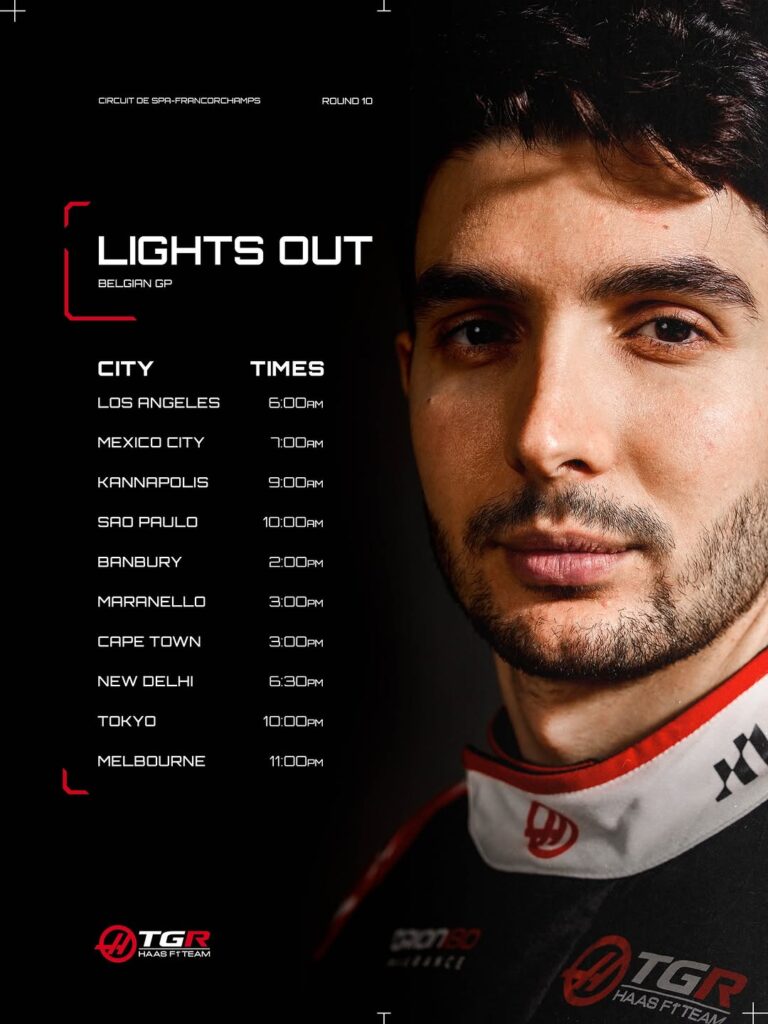 Photo by TGR Haas F1 Team on July 18, 2026. May be an image of racing vehicles, race car, poster, auto part, helmet and text that says 'ORCLU ORCLITCE.SFIFRFACERO-PMF5 CE SPA FRFNCOROHFMPS ROL ROUND10 10 LIGHTS BEL GIAN GB SH GP OUT CITY LOS ANGELES TIMES 6: 6:00FM MEXICO CITY 7:00FM KANNAPOLIS 9: 3