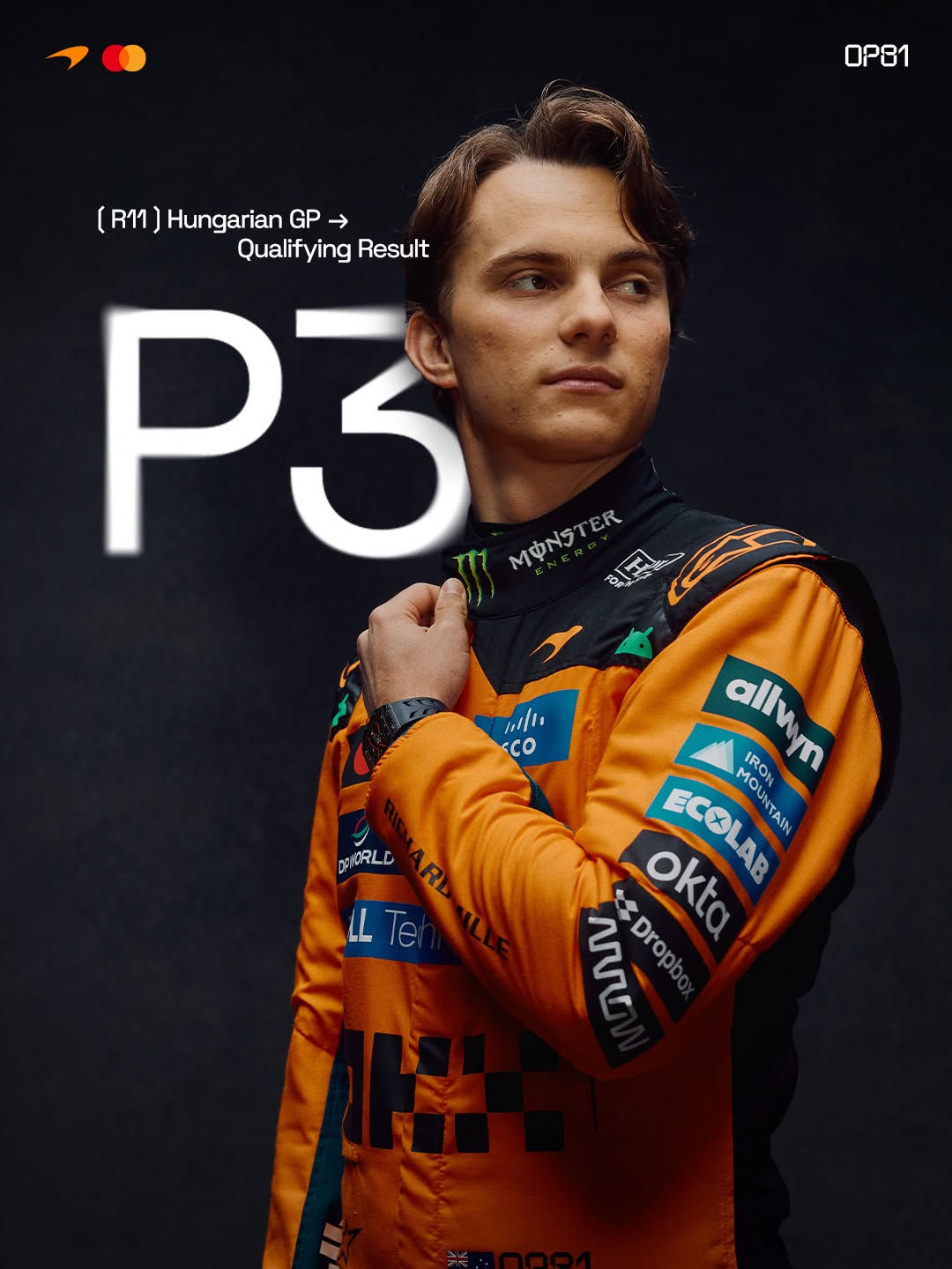 Foto del McLaren Mastercard Formula 1 Team 🧡 el 25 de julio de 2026. Puede ser una imagen de ‎vehículos de carreras, auto de carrera, casco, póster y ‎texto que dice '‎OP81 OP81 (R11) Hungarian GP → Resultado de calificación P3 T