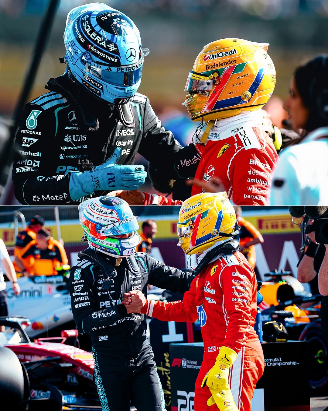 Mercedes drivers Kimi Antonelli and George Russell congratulate pole-sitter Lewis Hamilton in parc ferme at the 2026 British Grand Prix, Silverstone