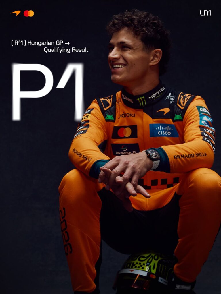 Photo by McLaren Mastercard Formula 1 Team 🧡 on July 25, 2026. May be an image of ‎racing vehicles, helmet, poster and ‎text that says '‎.Γи (R11) Hungarian GP Qualifying Result P1 ЛyTEK MФTEK ER قس ងេ ..|B. CISCO RICHARO 第月１よ RICHARDMILLE RICH RICHARD MILLE‎'‎‎.