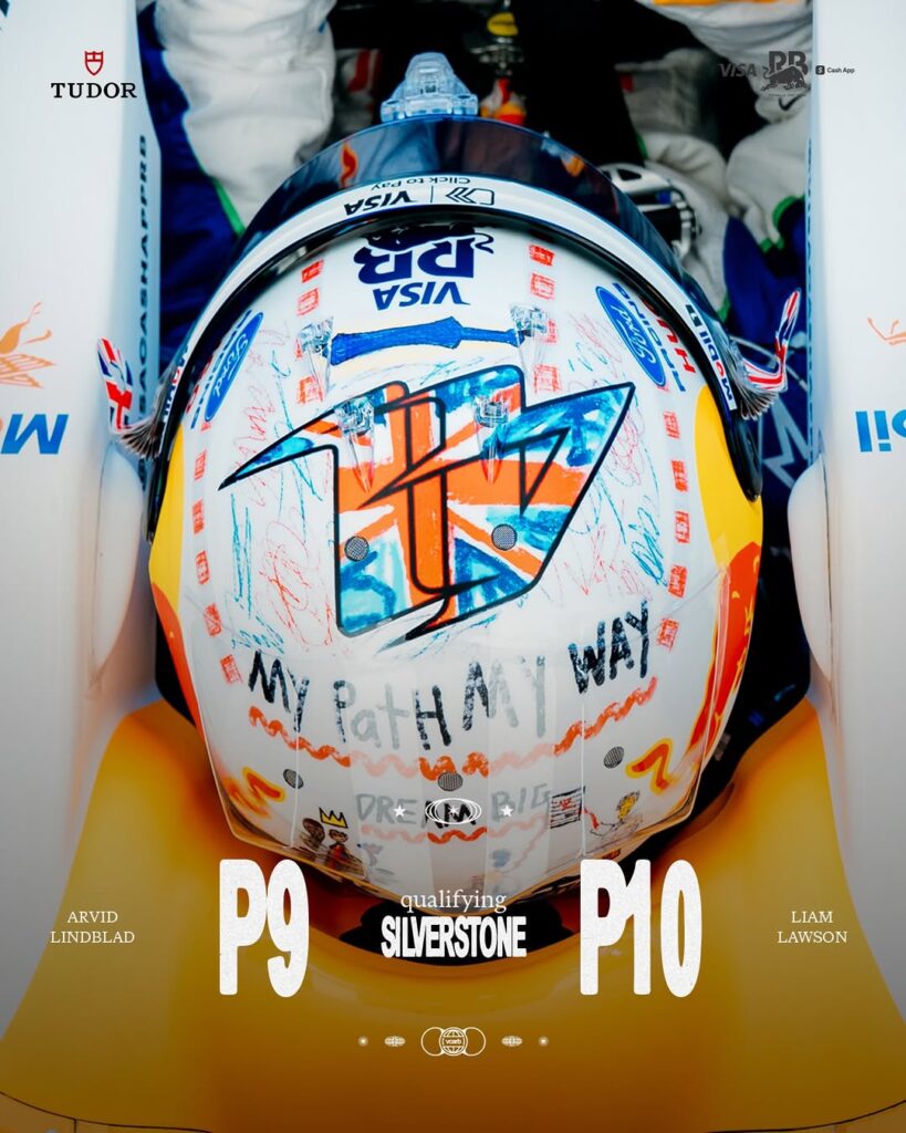 Photo by Visa Cash App Racing Bulls F1 Team on July 04, 2026. May be an image of beach ball, ball, racket, sports equipment, helmet and text that says 'TUDOR PR PR.C Cao w 0 I5 VSRA धव ASIA 9 ボマ TuG HS 开要 (청 MIRatHAI PatHA I! ARVID LINDBLAD P9 LIAM LAWSON qualifying SILVERSTONE P10 액1b atib 떡을'.