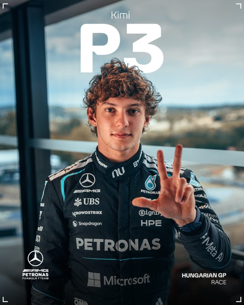 Photo by Mercedes-AMG PETRONAS F1 Team on July 26, 2026. May be an image of ‎racing vehicles, helmet and ‎text that says '‎r ר Kimi P3 owver กบ IAS HAMG MA ម្ងិ UBS UBS GROWDSTRIKE PETRONAS ETRO ell Snapdragon ignin HPE PETRONAS MARRIOO VO PRIOT Mnn HAMG PETRONAS DETDONAS PETRONAS FORMULAT TEAM EAN ٦ HUNGARIAN GP RACE‎'‎‎.