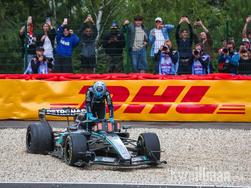 SHORT-LIVED HOPES George Russell's race came to an early end after contact with Lewis Hamilton at Les Combes on the ope