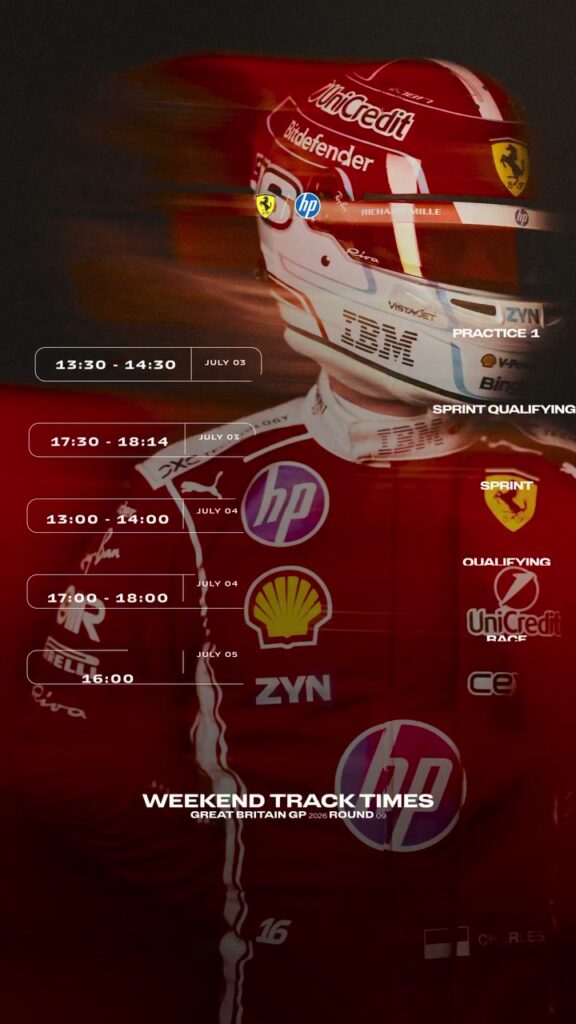 Video by Scuderia Ferrari HP on July 02, 2026. May be an image of racing vehicles, helmet and text that says 'Bitdefender WhiCredit RICHA MULLE lp) 13:30 VISTAYDET PRACTICE M JULYD3 14:30 ZYN SPRINT QUALIFYIN SPRINTQUALIFYING YING 17:30 18:14 JULY 03 SPRINT 13:00 14:00 JUL ULY04 QUALIFYING 17:00-18:
