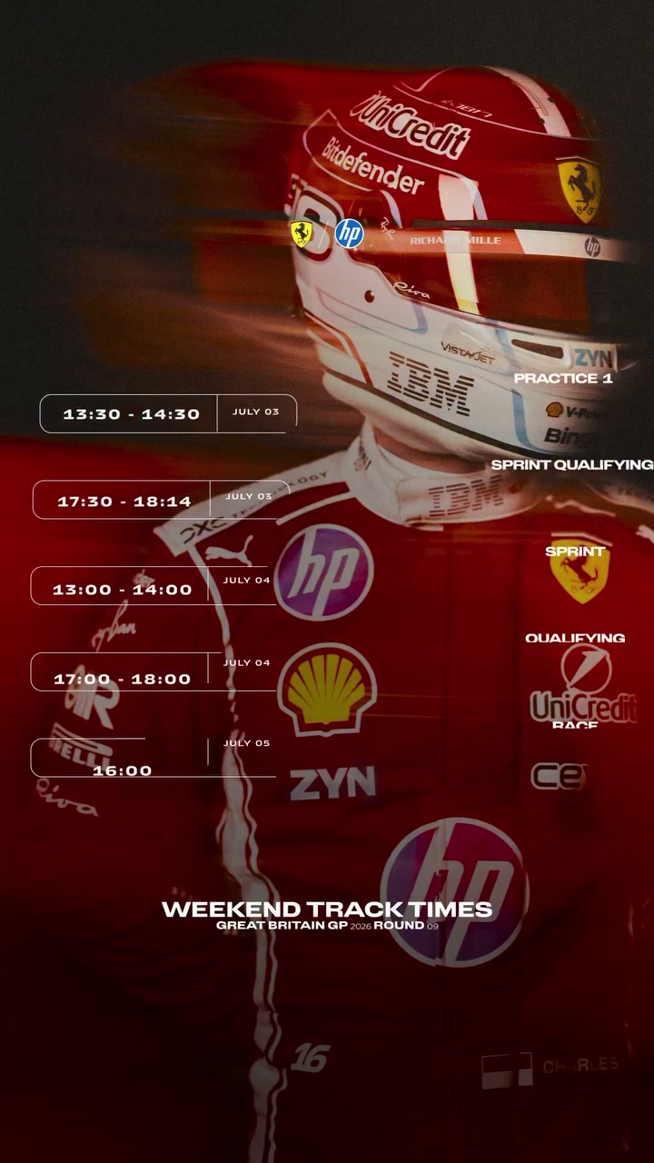 Video by Scuderia Ferrari HP on July 02, 2026. May be an image of racing vehicles, helmet and text that says 'Bitdefender WhiCredit RICHA MULLE lp) 13:30 VISTAYDET PRACTICE M JULYD3 14:30 ZYN SPRINT QUALIFYIN SPRINTQUALIFYING YING 17:30 18:14 JULY 03 SPRINT 13:00 14:00 JUL ULY04 QUALIFYING 17:00-18: