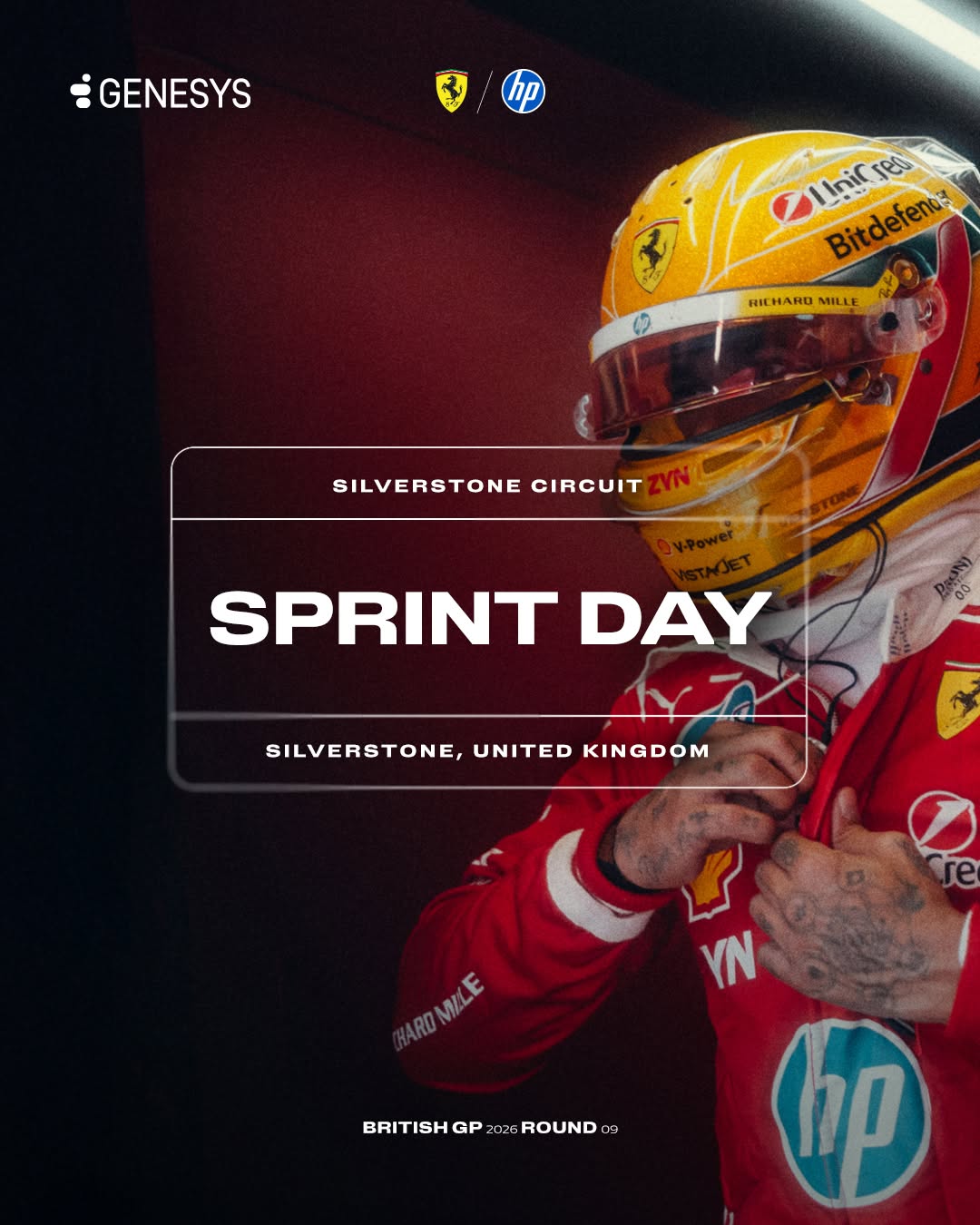 Photo by Scuderia Ferrari HP on July 03, 2026. May be an image of racing vehicles, car, helmet, poster and text that says 'GENESYS Eulnicreo Ωηεε വവഗീ Inir reo Bitdefencz Bitdefens RICHARO MILLE SILVERSTONE CIRCUIT SPRINT DAY SILVERSTONE, UNITED KINGDOM ROMILE ME YN BRITISHGP2025ROUNDO BRITISHGP 25R