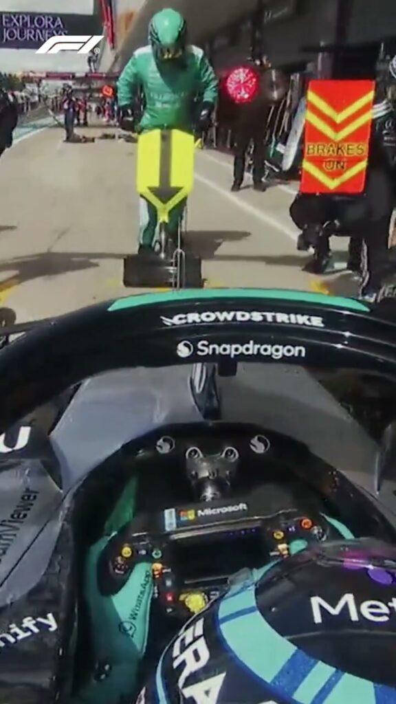 Video by Mercedes-AMG PETRONAS F1 Team on July 10, 2026. May be an image of ‎racing vehicles, helmet and ‎text that says '‎CROWDSTRIKE Snapdragon MKPOPOT ify اأذ Met 乐‎'‎‎.