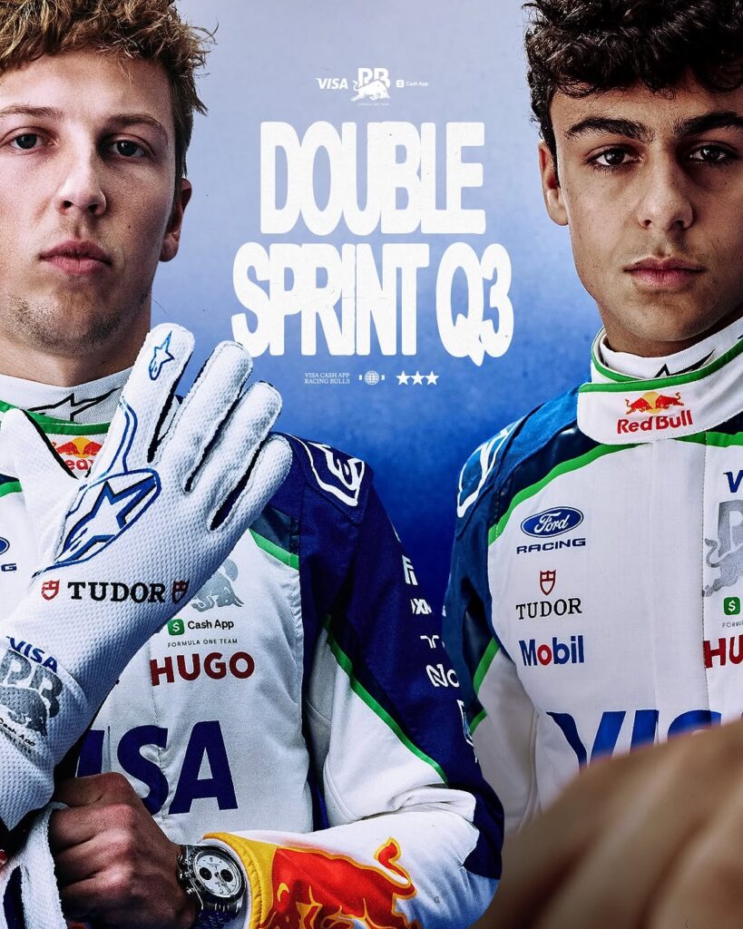 Photo by Visa Cash App Racing Bulls F1 Team on July 03, 2026. May be an image of racing vehicles, poster, helmet and text.