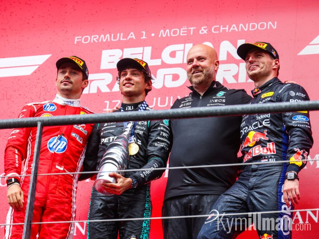 THE TOP THREE A familiar sight in 2026 as Kimi Antonelli returned to the top step of the podium, celebrating victory wi