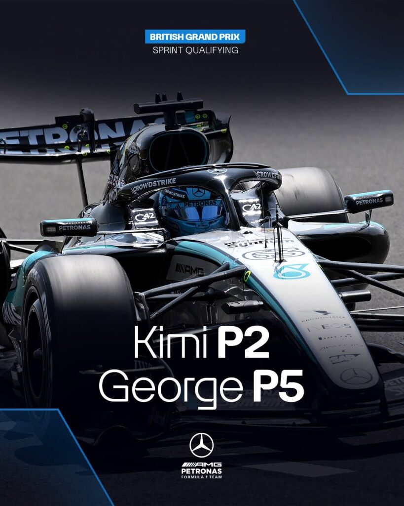 Photo by Mercedes-AMG PETRONAS F1 Team on July 03, 2026. May be an image of ‎racing vehicles, race car and ‎text that says '‎BRITISH BRITISHGRANDPRI GRAND PRIX SPRINT QUALIF SPRINTQUALIFYING YING CROWDSTRIKE PESTOINE CROWE merorid ل Kimi 2 George P5 PETRONAS TE TEAM UIAMG PETRONAS‎'‎‎.
