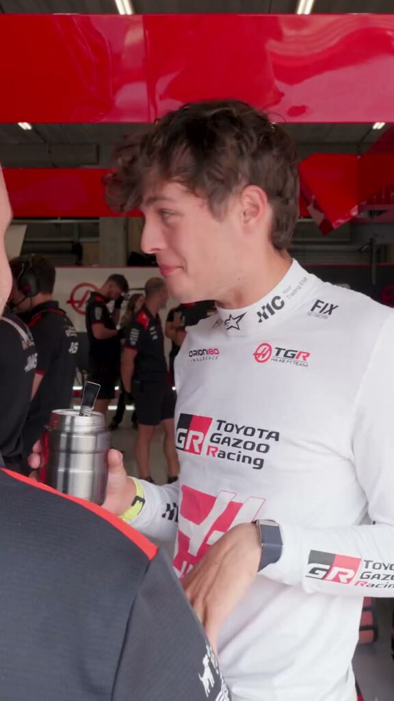 Video by TGR Haas F1 Team on July 17, 2026. May be an image of racing vehicles, helmet and text.