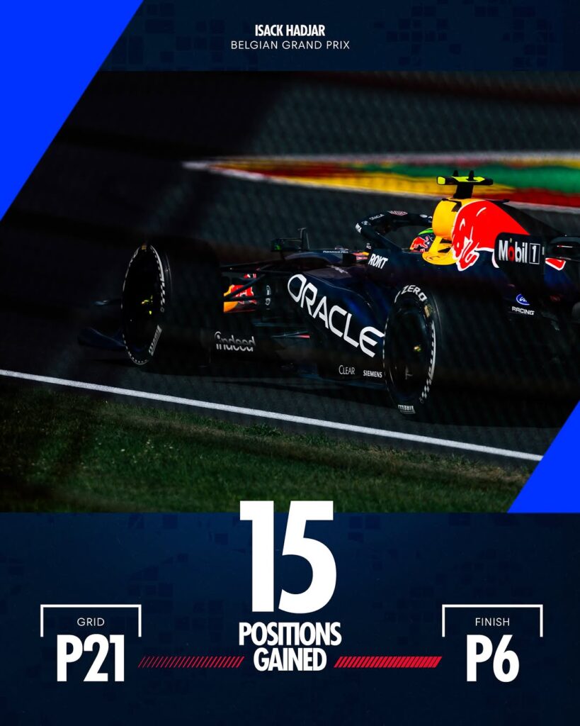 Photo by Oracle Red Bull Racing on July 19, 2026. May be an image of racing vehicles, helmet, race car, poster and text that says 'ISACKHADJAR ISACK HADJAR BELGIAN BELGIANGRANDPRIX GRAND PRIX 사된가 መምሰ ROKT RONT Gudend BIM0UM " QRACLE TERO GRACLE CLEAR SEVENS a RRICINES maun 15 GR D P21 POSITIONS 11 G
