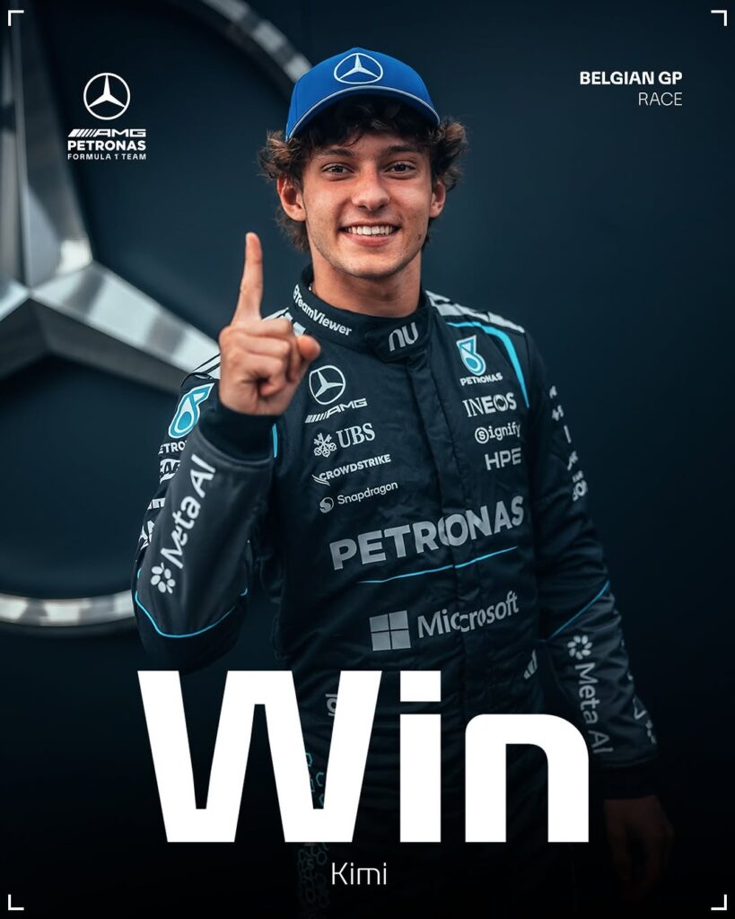 Photo by Mercedes-AMG PETRONAS F1 Team on July 19, 2026. May be an image of racing vehicles, helmet and text that says 'r HAMG PETRONAS FORMULAT 1TEAM ΕR.m BELGIANG GP RACE 국용화용이! SirsamViewer eam TeamViewer mViewer กบ TRO AE ም PETIOKAS AMG AEHUF INEOS 長茶 รกค UBS ignify GROWDSTRIKE HPE Snapdragon PETRONAS Miccrosoft Win Met Kimi ٦ 1'.