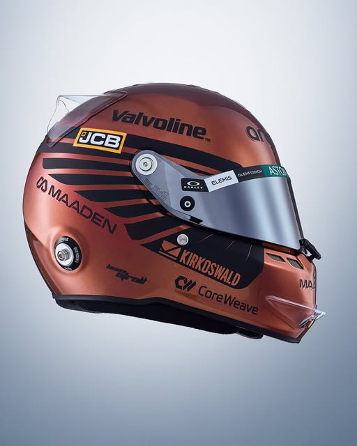 Lance Stroll 2026 British GP helmet design — copper molten-minerals livery with Aston Martin green visor band, left side profile