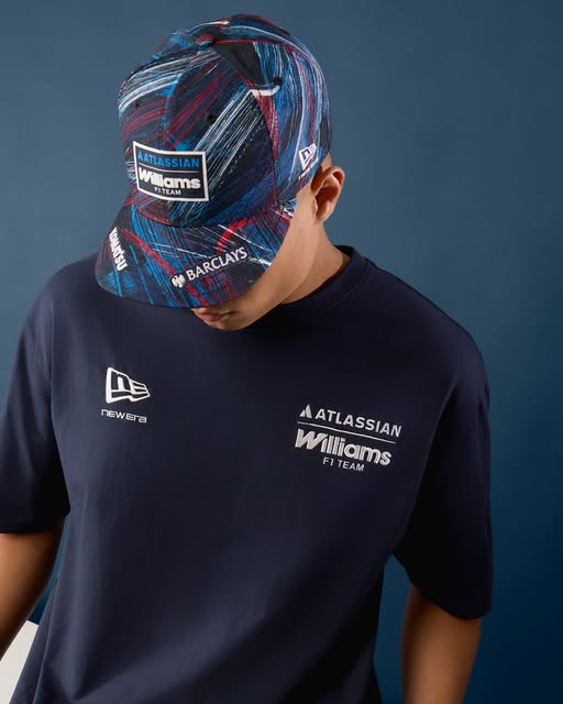 Model wearing the navy Atlassian Williams x New Era Silverstone Race Special t-shirt and cap