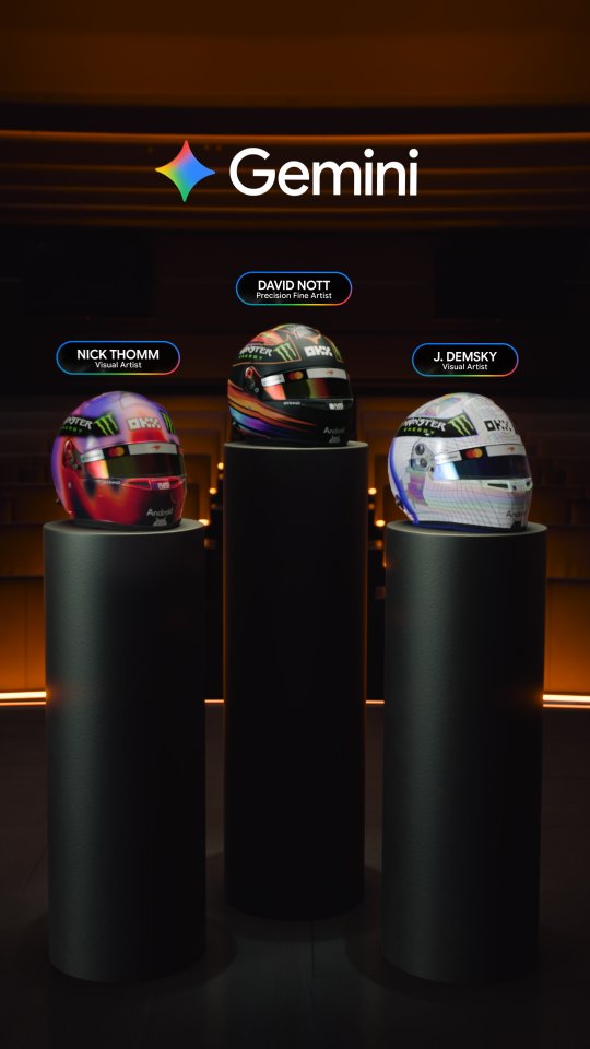 Oscar Piastri's three Silverstone 2026 helmets by artists Nick Thomm, David Nott and J. Demsky presented under the Google Gemini logo