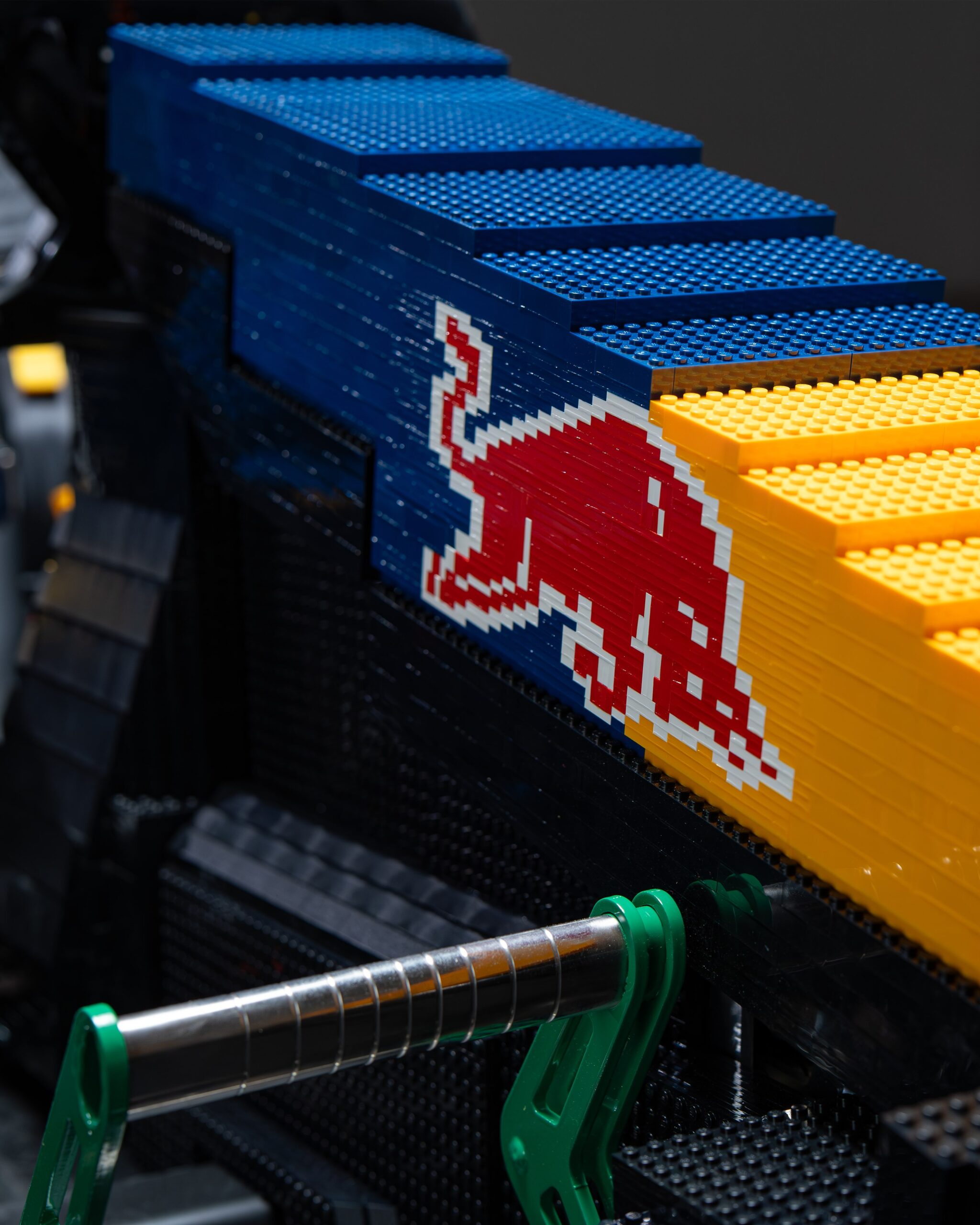 Close-up of the Red Bull charging-bull logo built in LEGO bricks on the RBrick1.