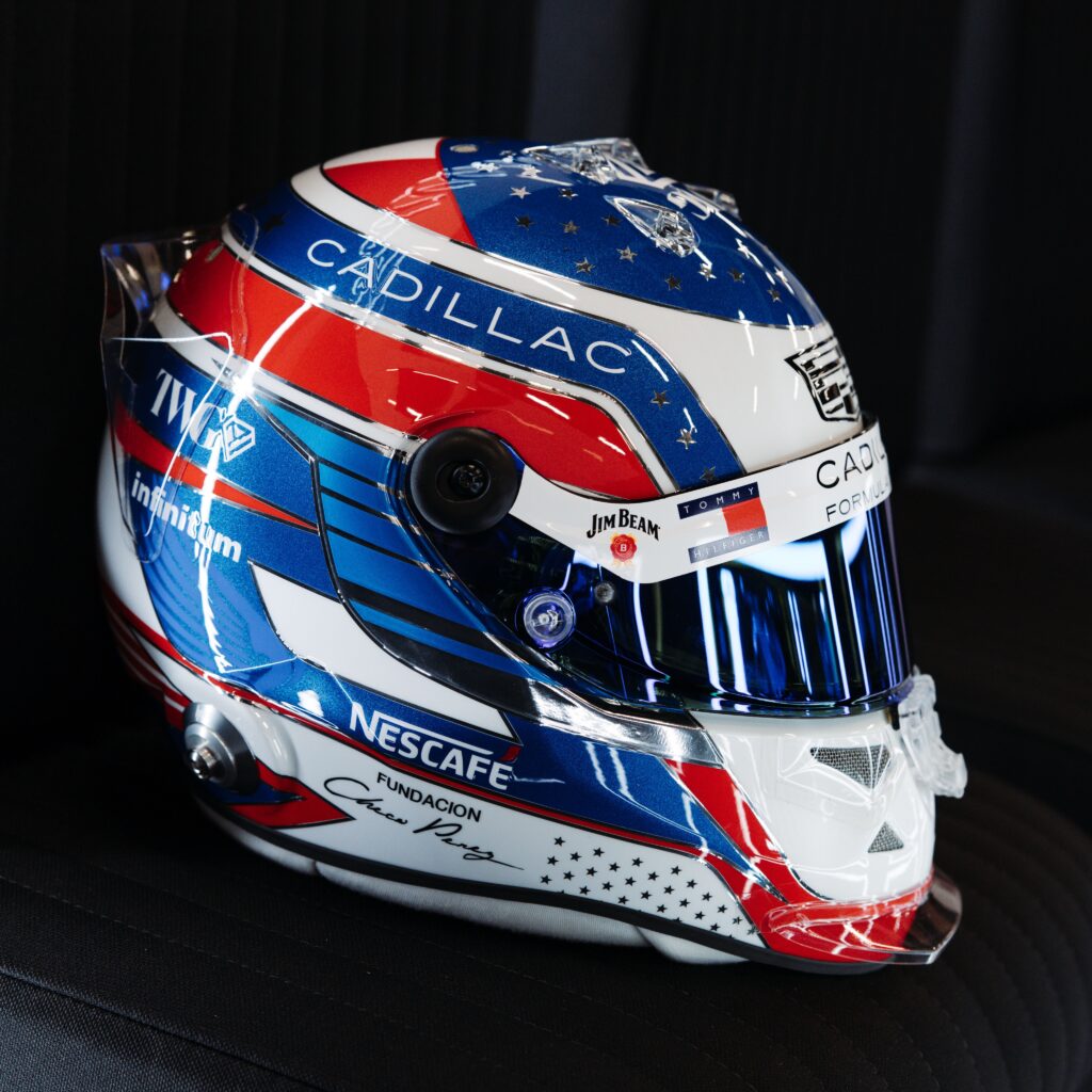 Sergio Perez's stars-and-stripes Cadillac helmet for the 2026 British Grand Prix with chrome stars and blue mirror visor