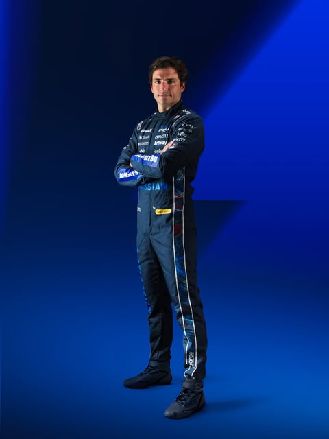 Carlos Sainz full-length in the Williams 2026 British GP race suit with brushstroke leg detail and racing boots