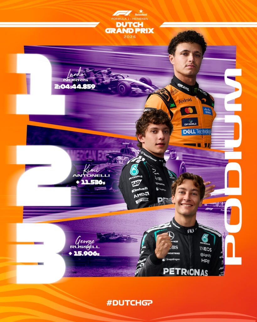 Photo by Formula 1 Heineken Dutch Grand Prix on August 23, 2026. May be an image of racing vehicles, poster, helmet and text.