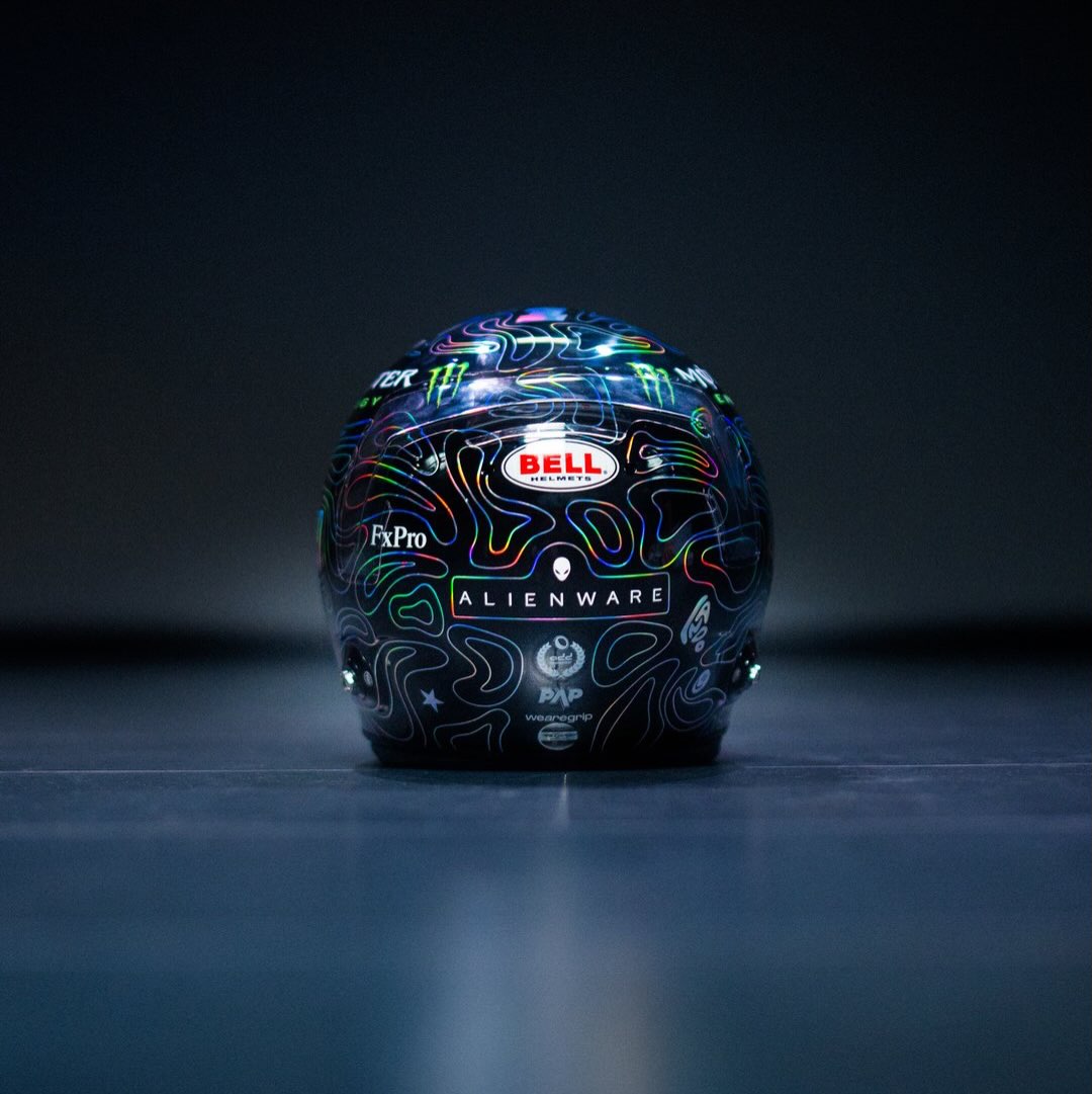 Rear view of Lando Norris's Zandvoort helmet with Bell, FxPro and Alienware marks