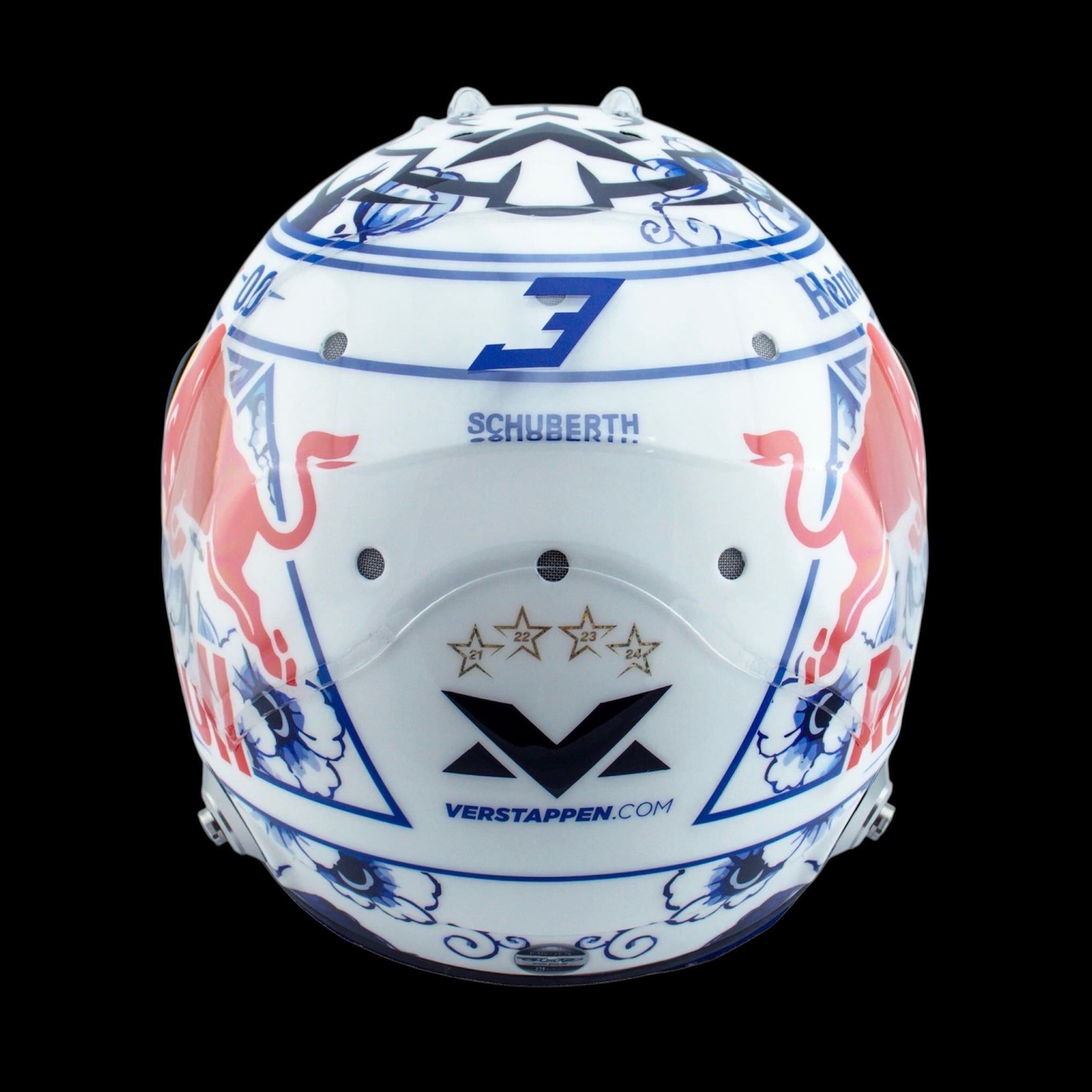 Rear of the helmet: four stars above the Verstappen mark, framed by Delft blue floral panels.