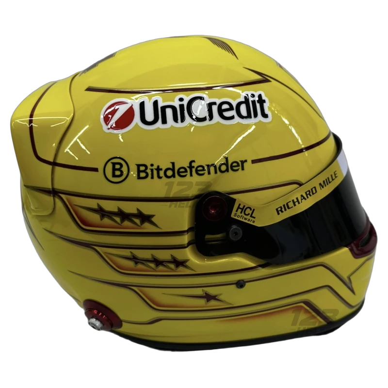 Lewis Hamilton 2025 Ferrari F1 replica helmet — view 4 Lewis Hamilton 2025 Ferrari F1 replica helmet — right side view, collector display model