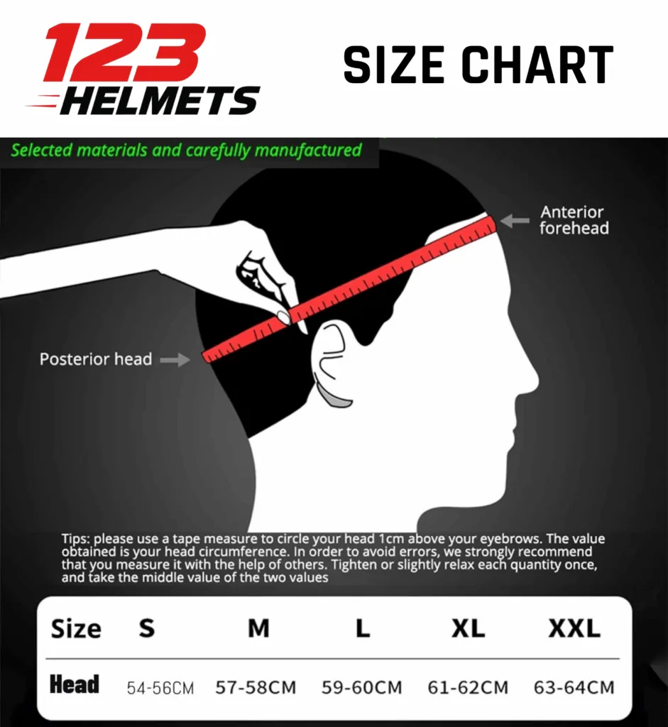 Helmet size chart – S, M, L, XL measurements for display replicas