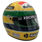 Ayrton Senna 1991 McLaren F1 replica helmet — front three-quarter view, collector display model