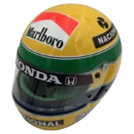 Ayrton Senna 1991 McLaren F1 replica helmet — front three-quarter view, collector display model