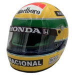 Ayrton Senna 1991 McLaren F1 replica helmet — front three-quarter view, collector display model