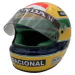 Ayrton Senna 1991 McLaren F1 replica helmet — front three-quarter view with visor open, collector display model