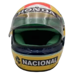 Ayrton Senna 1991 McLaren F1 replica helmet — front view with visor open, collector display model