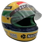 Ayrton Senna 1991 McLaren F1 replica helmet — front three-quarter view with visor open, collector display model