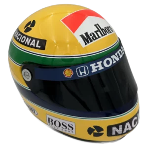 Ayrton Senna 1992 McLaren F1 replica helmet — high three-quarter front view, collector display model
