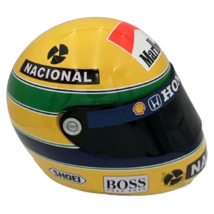 Ayrton Senna 1992 McLaren F1 replica helmet — three-quarter front view, collector display model