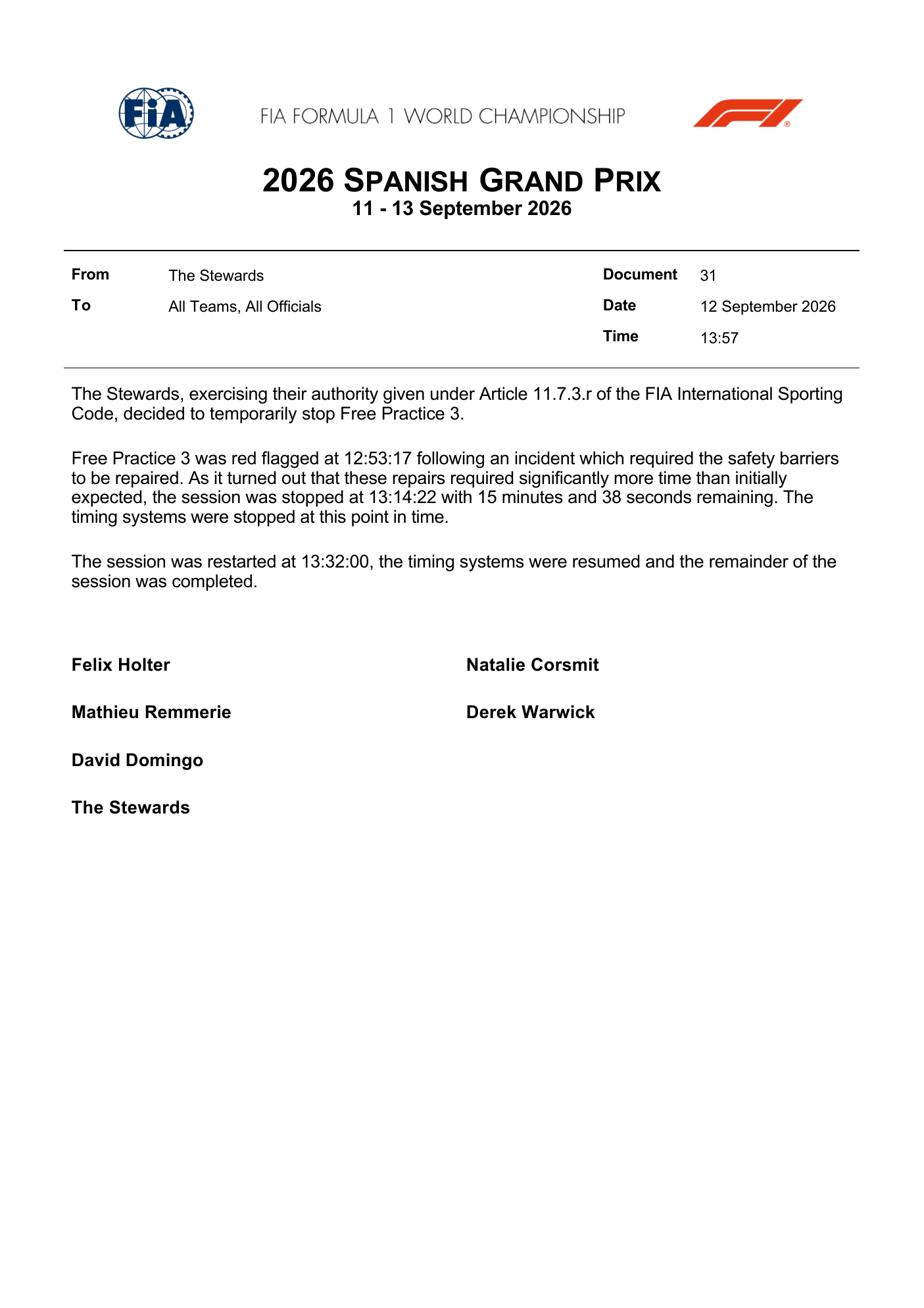 FIA stewards document — Doc 31 - Decision - Temporary Stop of Free Practice 3 — Spanish Grand Prix 2026