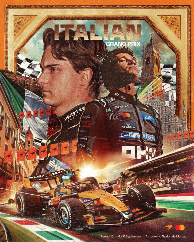 Illustrated McLaren poster for the Italian Grand Prix at Monza, with Oscar Piastri, Lando Norris and the McLaren car