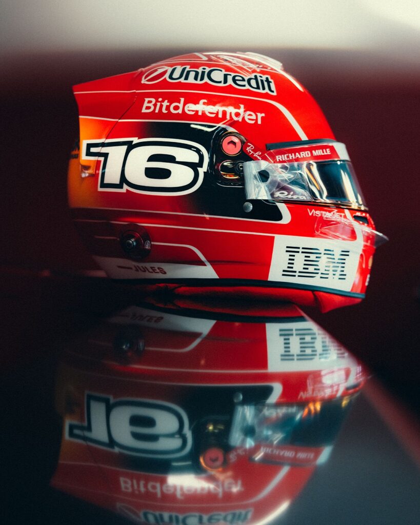 Studio side profile of Charles Leclerc's Monza 2026 Schumacher tribute helmet
