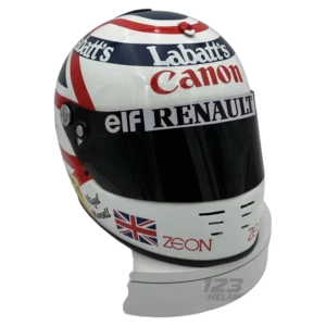 Nigel Mansell 1992 F1 replica helmet full size — front-right 3/4 view, collector display model