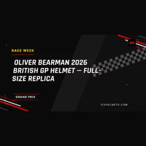 Oliver Bearman 2026 British GP helmet — full-size display replica, pre-order (123Helmets card, photos to follow)