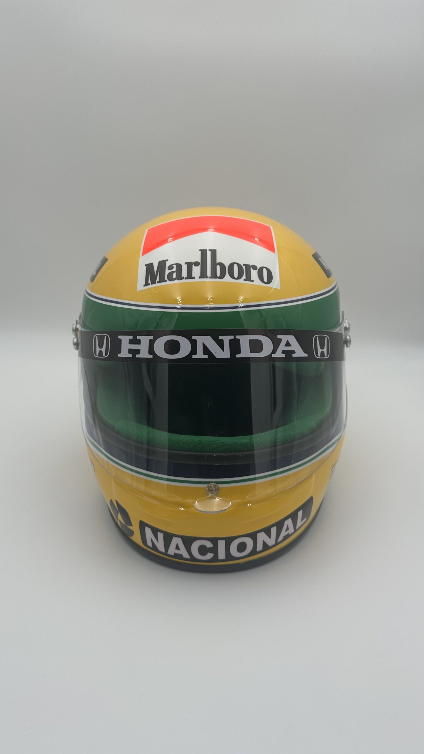 Ayrton Senna 1990 full-size 1:1 F1 replica helmet, display and collector piece, studio photo on white background