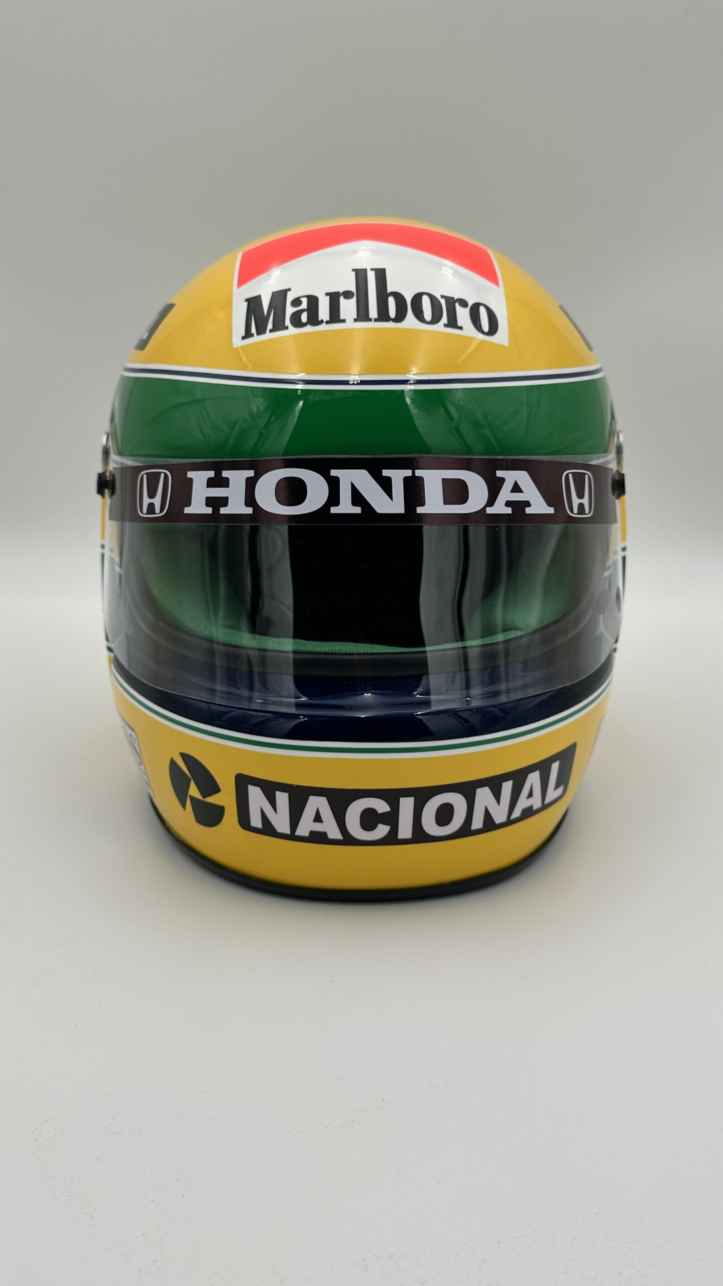Ayrton Senna 1991 full-size 1:1 F1 replica helmet, display and collector piece, studio photo on white background